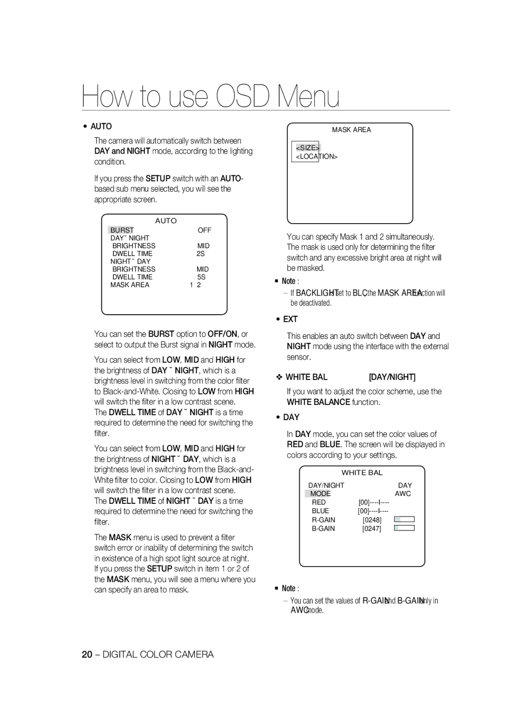 Samsung SCC-B2333(P), SCC-B2033P user manual Auto, Ext, White BAL 