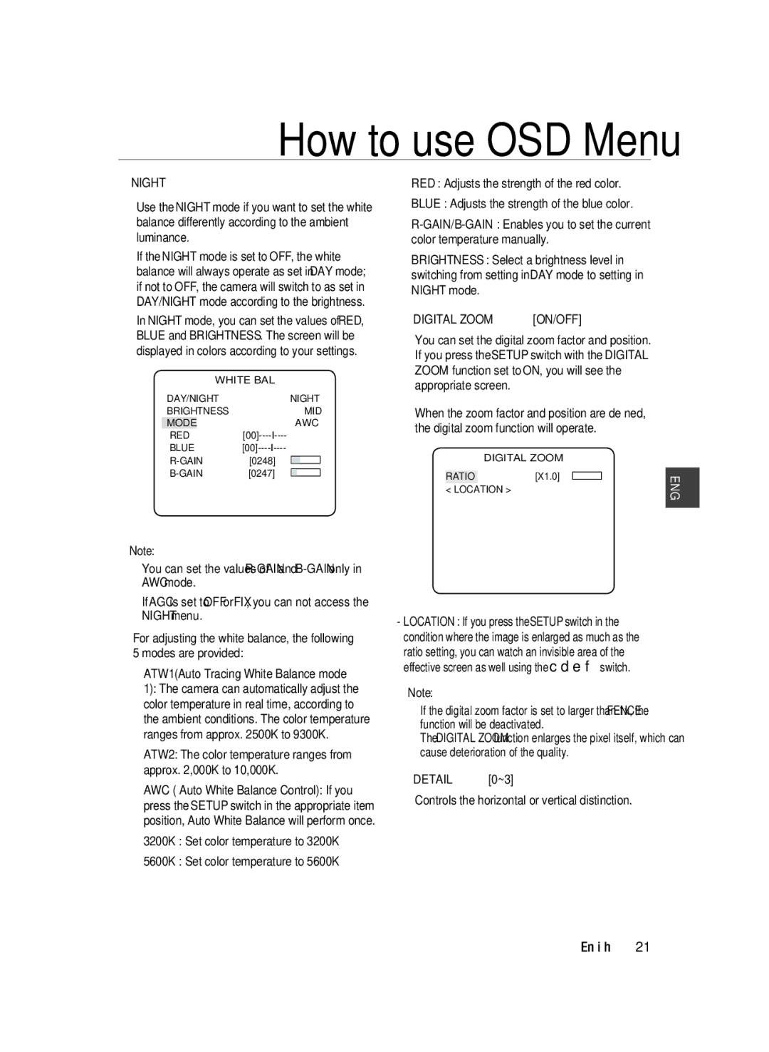 Samsung SCC-B2033P, SCC-B2333(P) user manual Digital Zoom, Modes are provided 