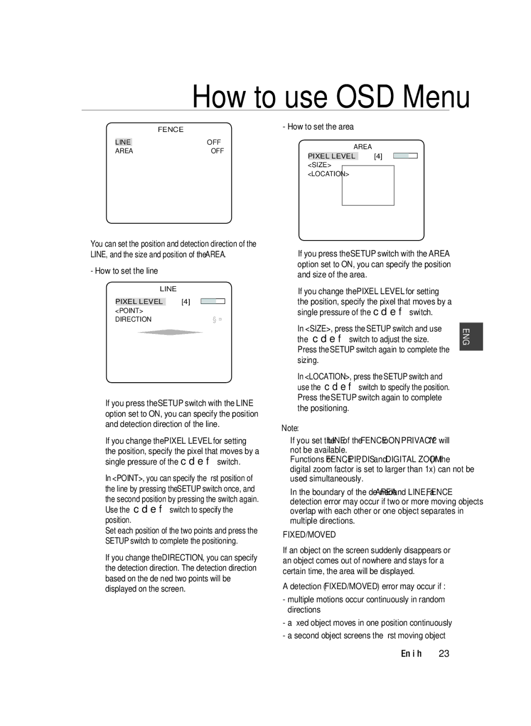 Samsung SCC-B2033P, SCC-B2333(P) user manual How to set the line, How to set the area, Sizing, Fixed/Moved 