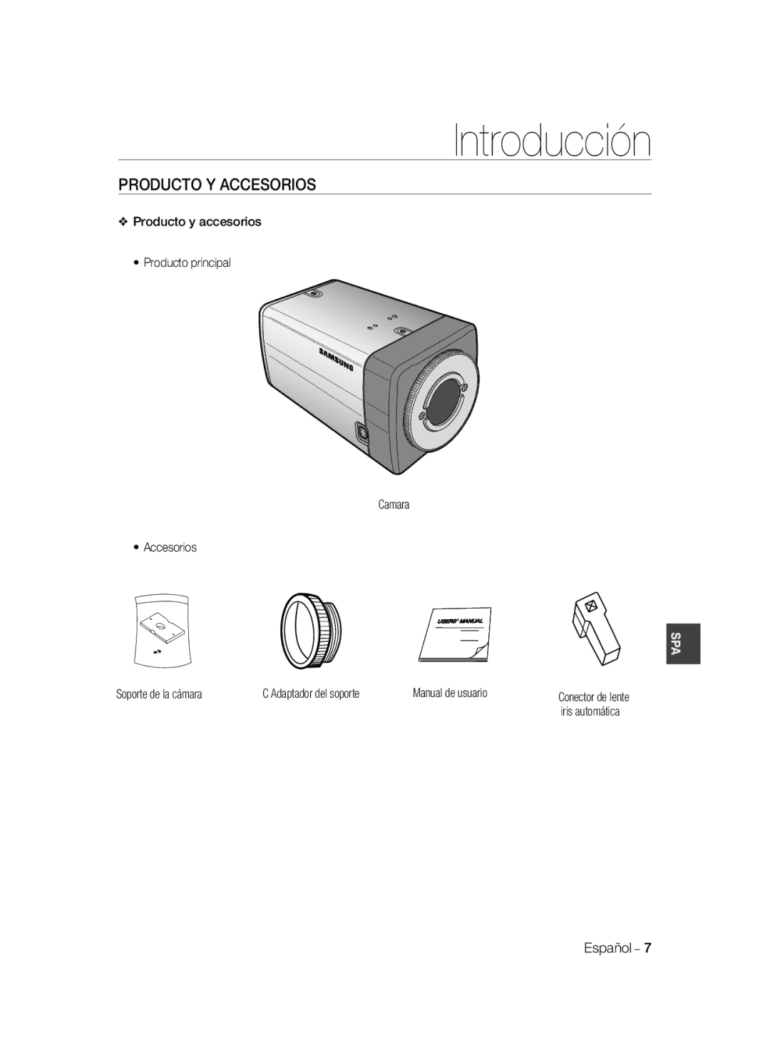 Samsung SCC-B2035P, SCC-B2335P manual Producto Y Accesorios, Producto y accesorios Producto principal Camara Accesorios 