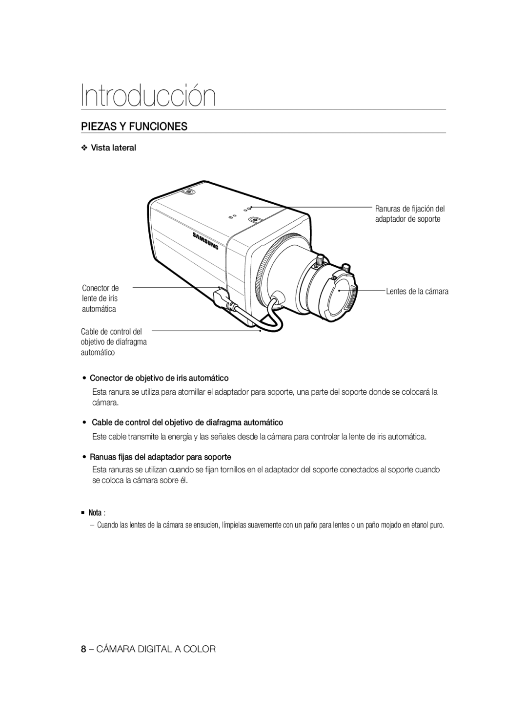 Samsung SCC-B2335P, SCC-B2035P manual Piezas Y Funciones, Vista lateral, Conector de, Lente de iris 