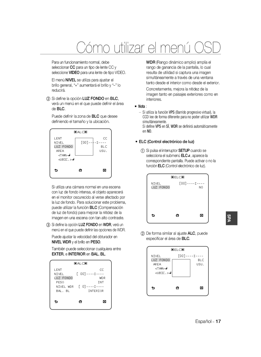 Samsung SCC-B2035P, SCC-B2335P manual Cómo utilizar el menú OSD 