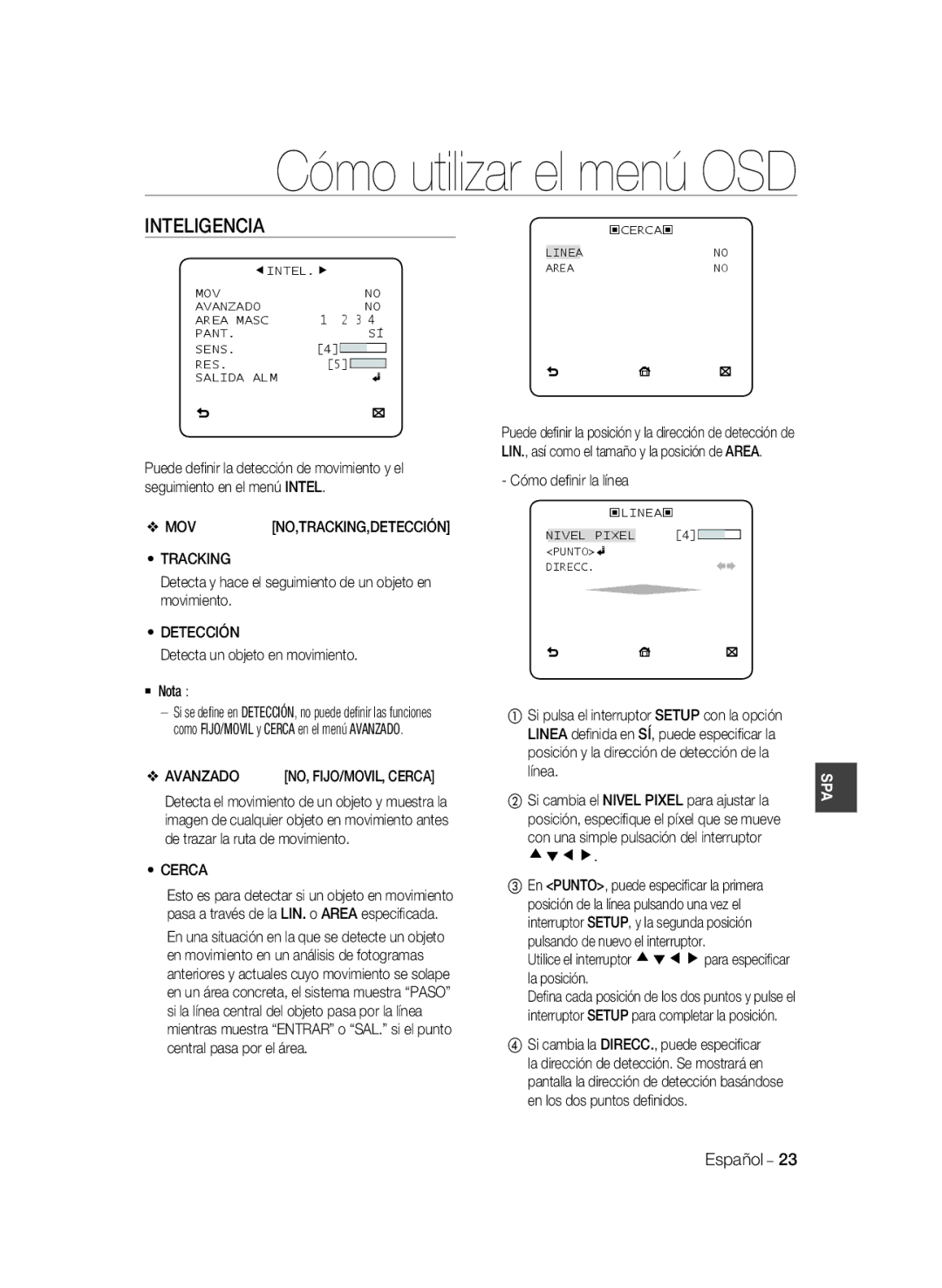 Samsung SCC-B2035P, SCC-B2335P manual Inteligencia, Detección, Avanzado, Cerca 