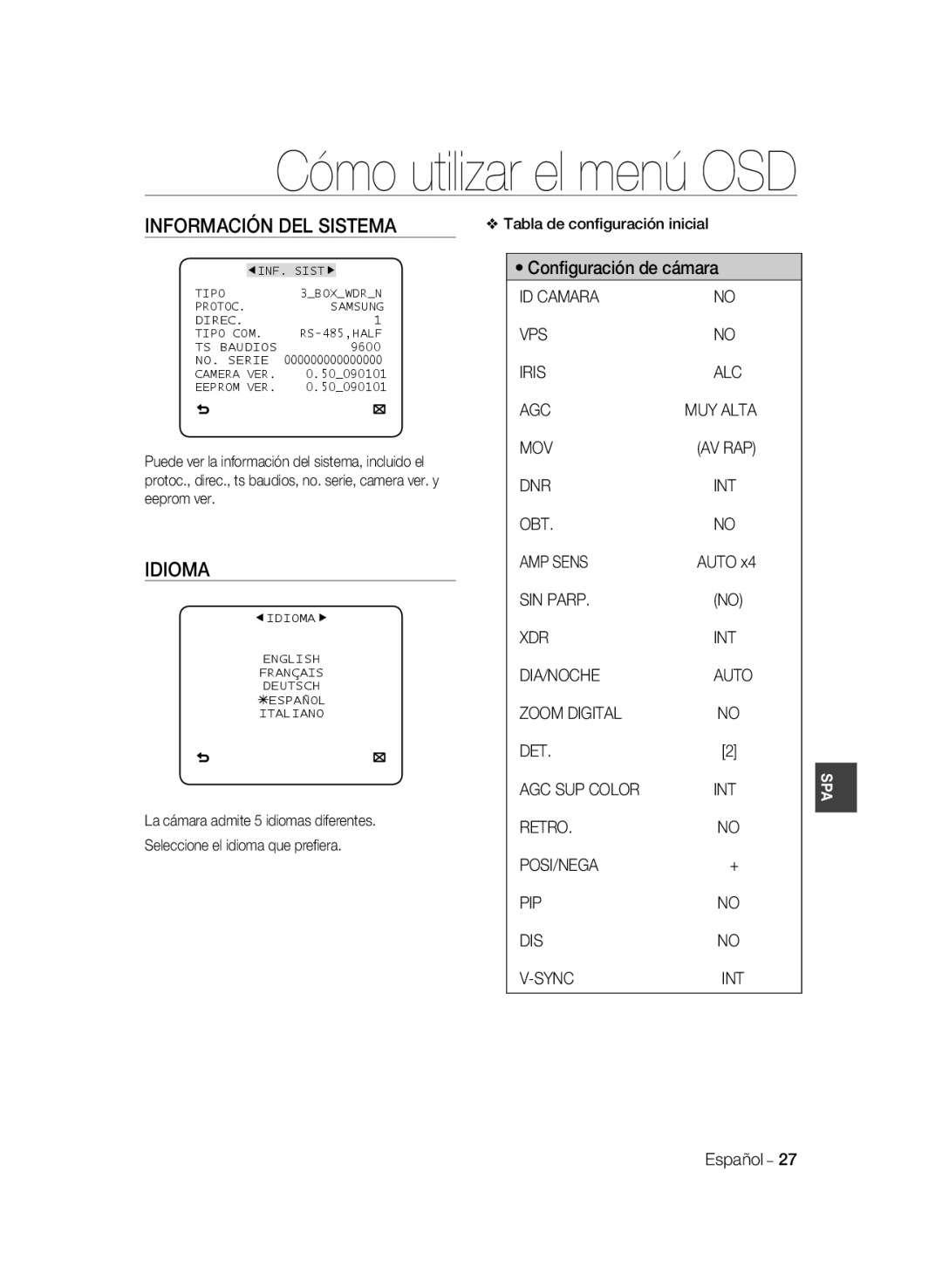 Samsung SCC-B2035P, SCC-B2335P manual Información DEL Sistema, Idioma 