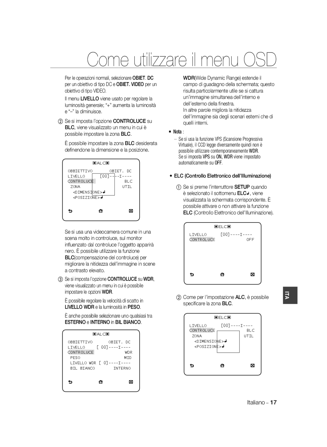 Samsung SCC-B2035P, SCC-B2335P manual ELC Controllo Elettronico dell’Illuminazione, Speciﬁcare la zona BLC 