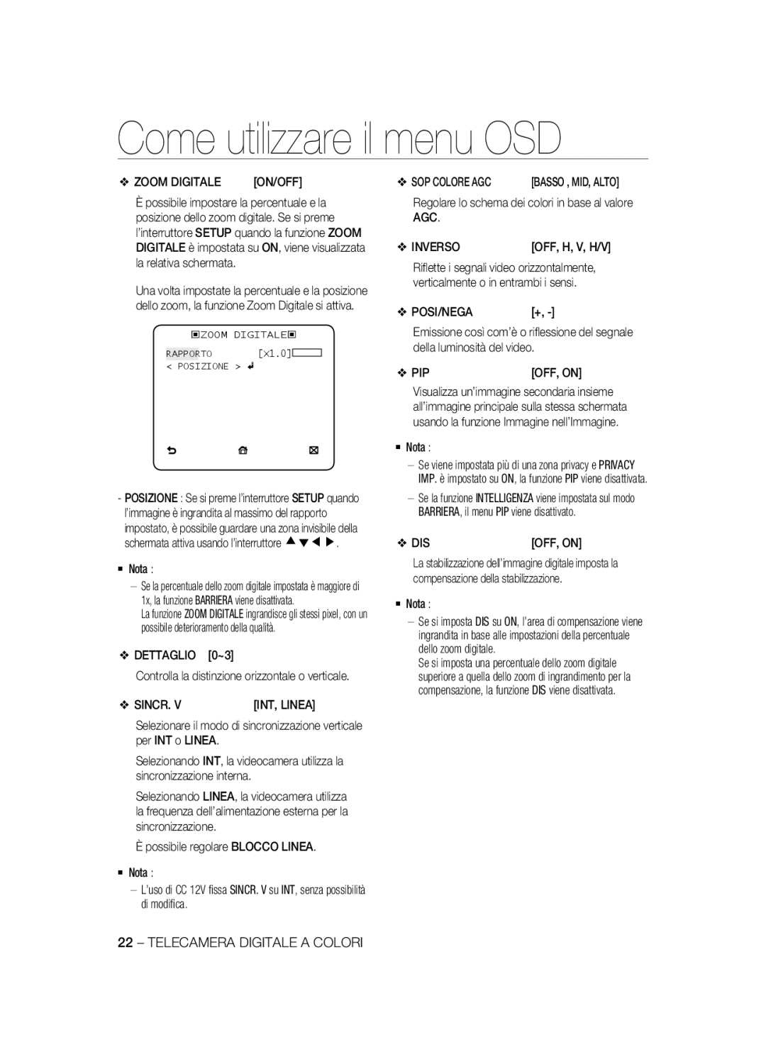 Samsung SCC-B2335P, SCC-B2035P manual Zoom Digitale, Dettaglio 0~3, Sincr, AGC Inverso, Posi/Nega+ 