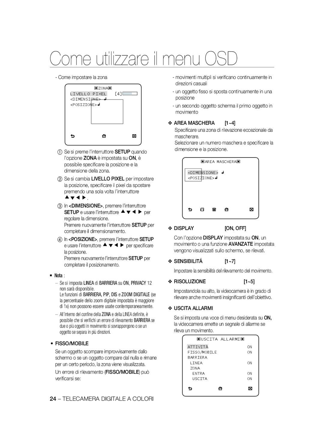 Samsung SCC-B2335P, SCC-B2035P manual Come impostare la zona, Fisso/Mobile, Sensibilitá, Risoluzione, Uscita Allarmi 