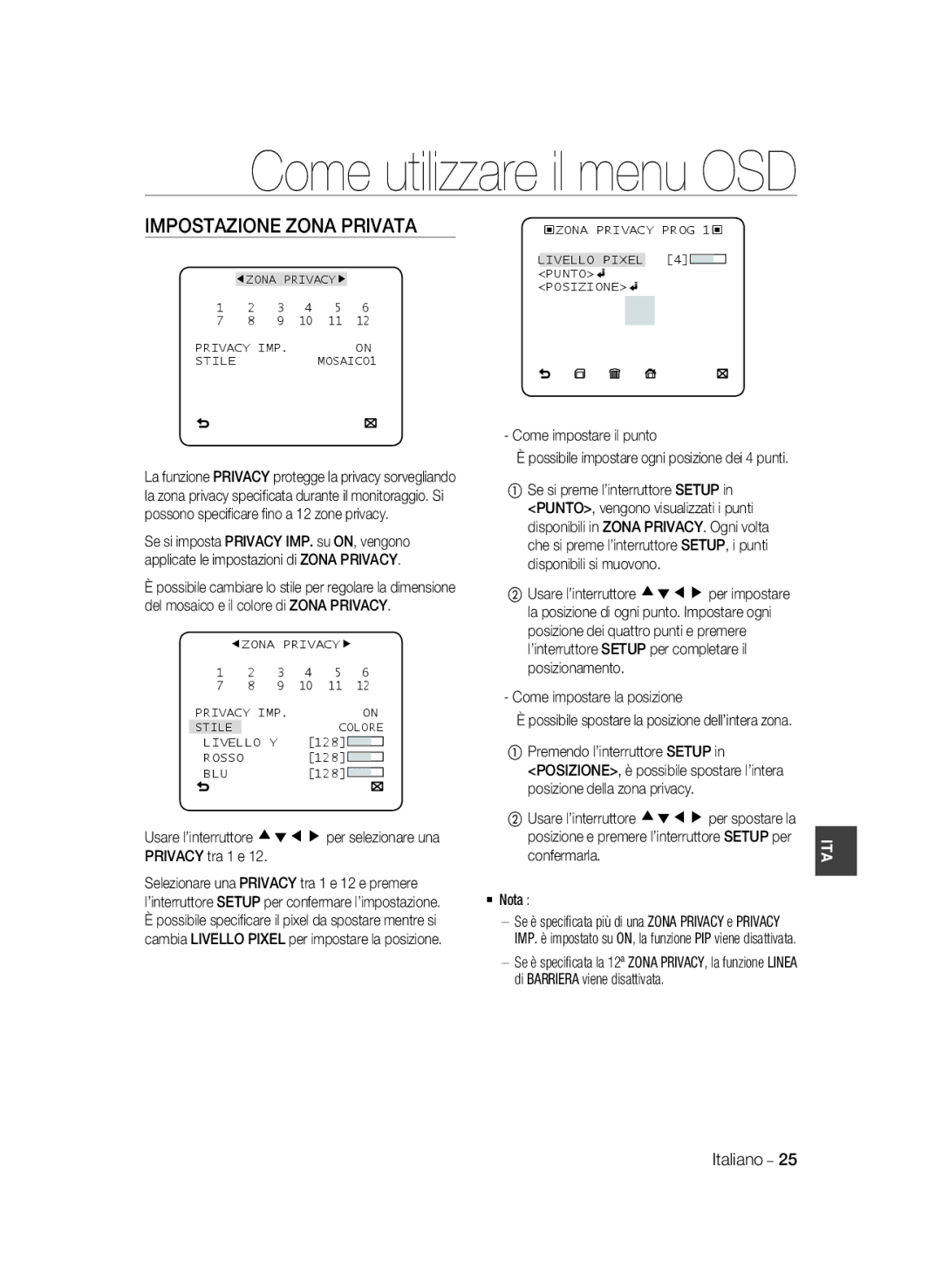 Samsung SCC-B2035P, SCC-B2335P manual Impostazione Zona Privata, Come impostare il punto, Come impostare la posizione 