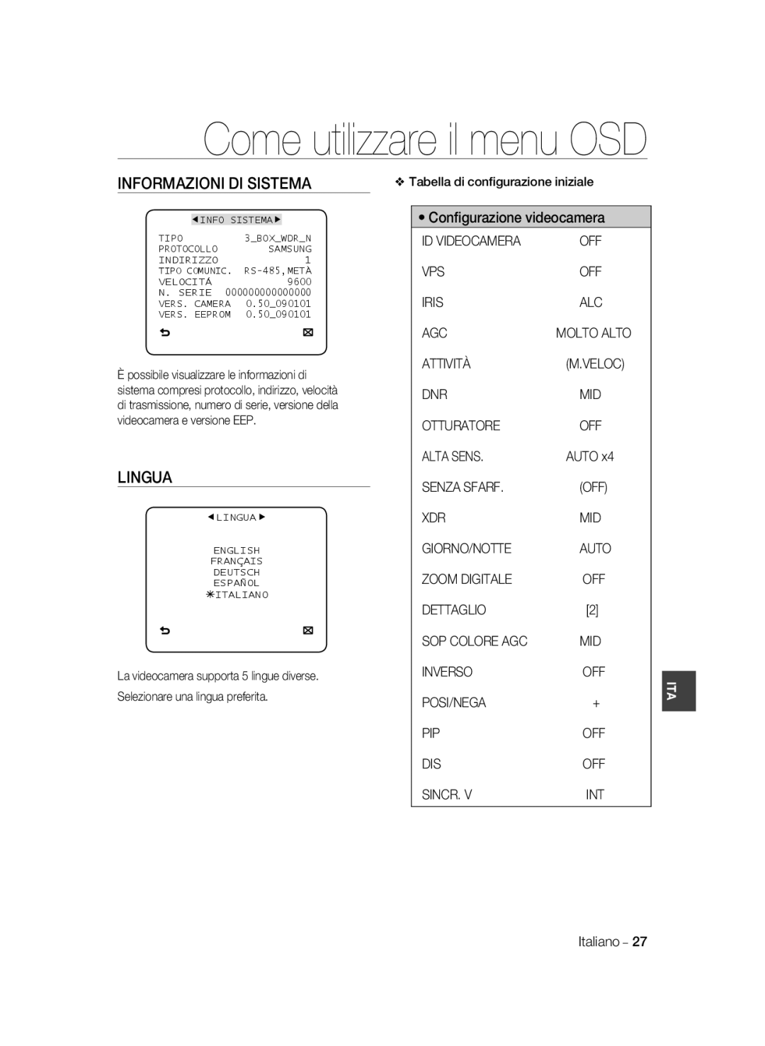 Samsung SCC-B2035P, SCC-B2335P manual Informazioni DI Sistema, Lingua 