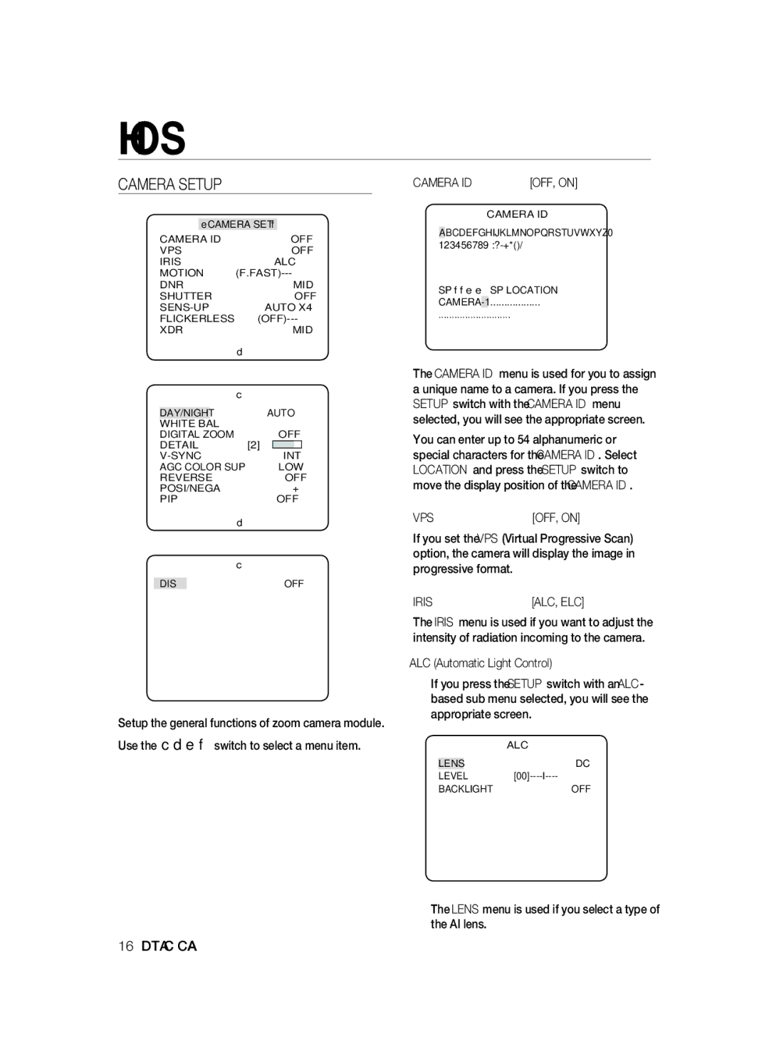 Samsung SCC-B2335P, SCC-B2035P manual Camera Setup, Vps, Iris, Lens menu is used if you select a type of the AI lens 