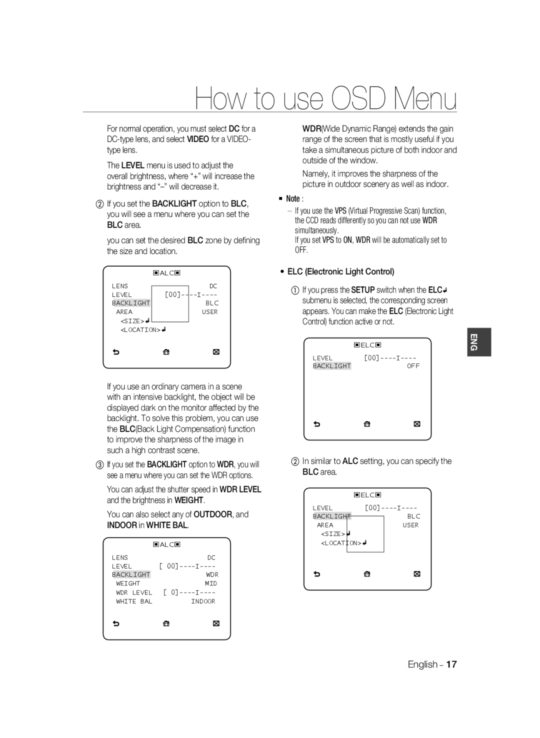 Samsung SCC-B2035P, SCC-B2335P manual  Note, ② In similar to ALC setting, you can specify the BLC area 