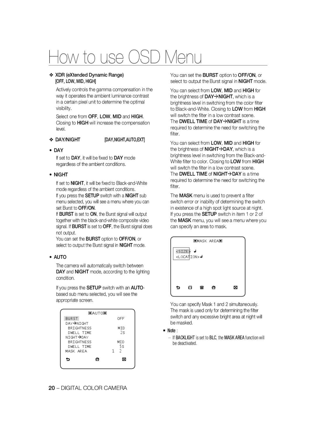 Samsung SCC-B2335P, SCC-B2035P manual Day, Night, Auto 