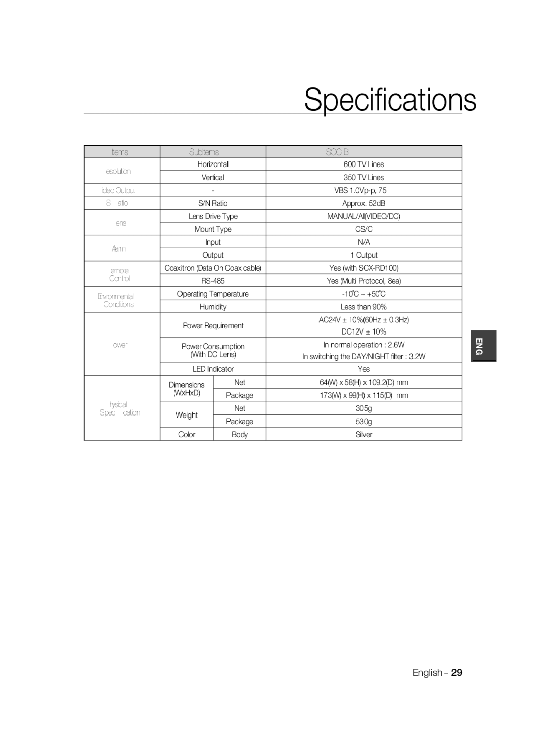 Samsung SCC-B2035P, SCC-B2335P manual Speciﬁcations 