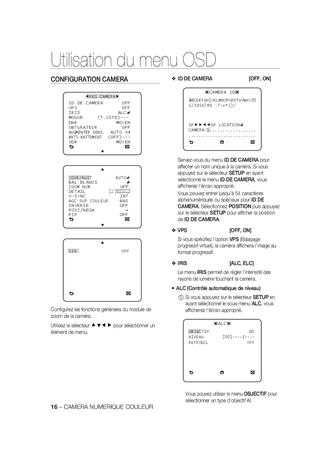 Samsung SCC-B2335P, SCC-B2035P manual Configuration Camera, ID DE CAMERAOFF, on, ALC Contrôle automatique de niveau 