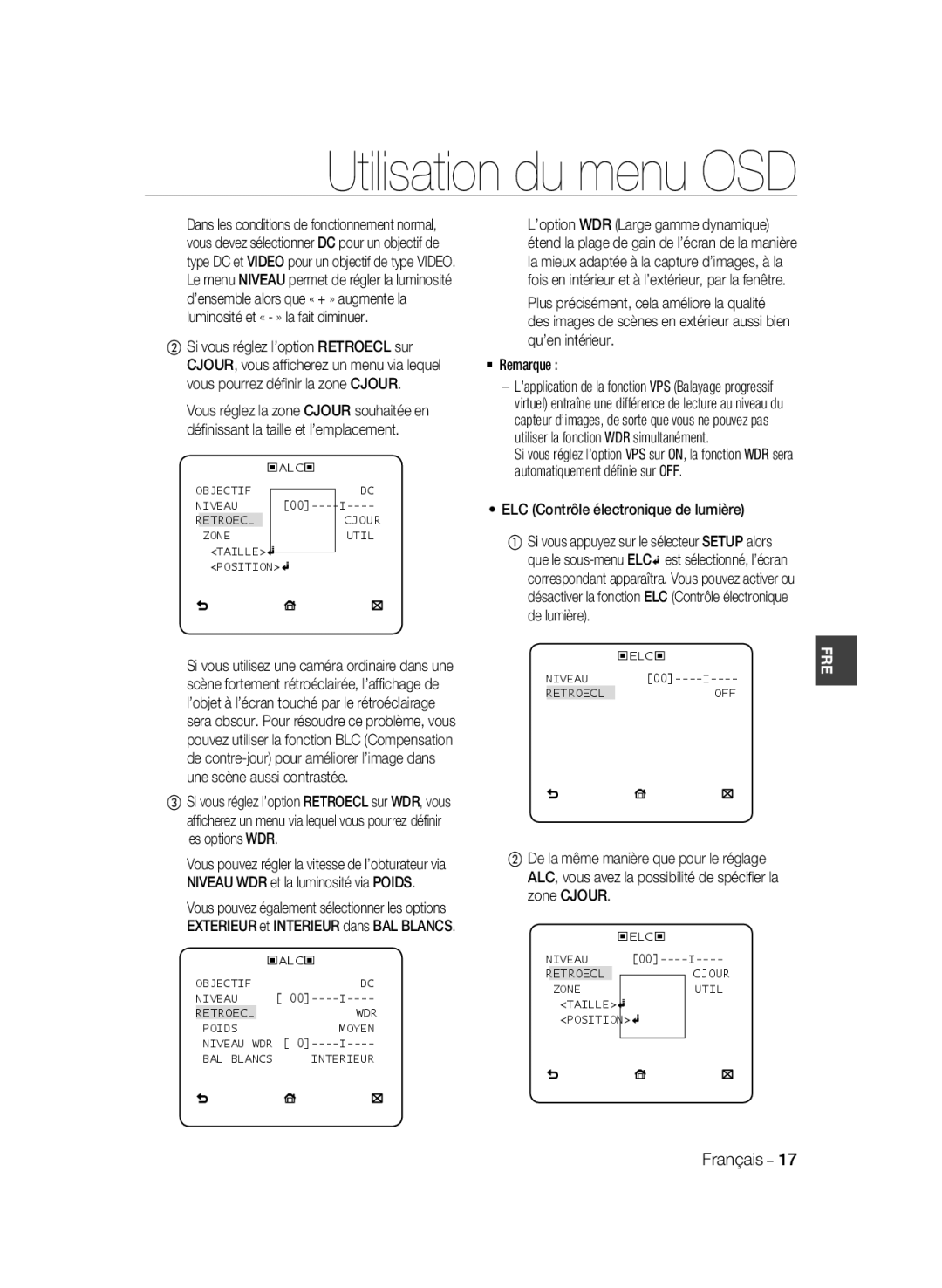 Samsung SCC-B2035P, SCC-B2335P manual ELC Contrôle électronique de lumière 