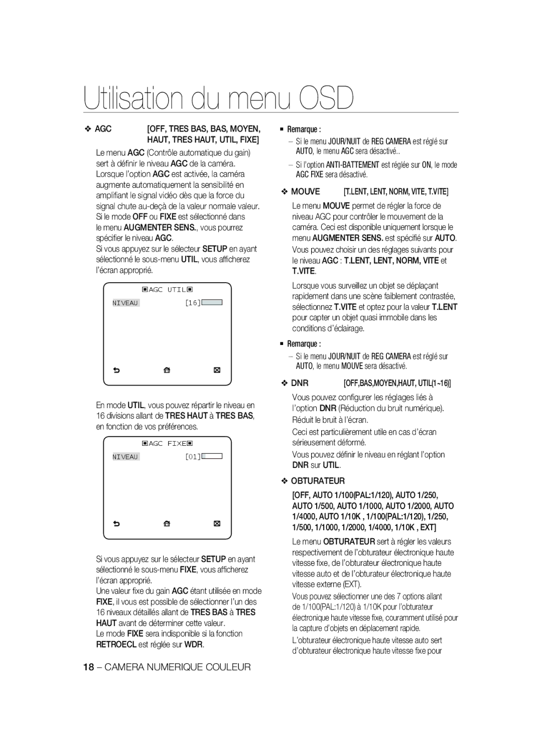 Samsung SCC-B2335P, SCC-B2035P manual Mouve, Obturateur 