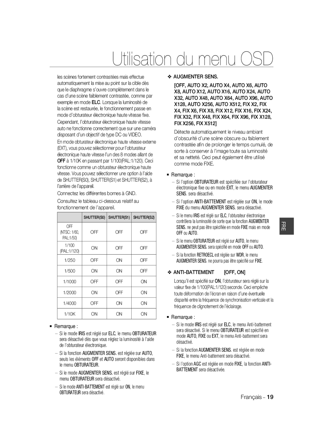 Samsung SCC-B2035P, SCC-B2335P manual Connectez les différentes bornes à GND, Augmenter Sens, Anti-Battement 