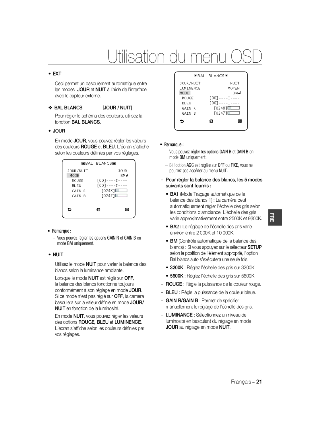 Samsung SCC-B2035P, SCC-B2335P manual BAL Blancs 