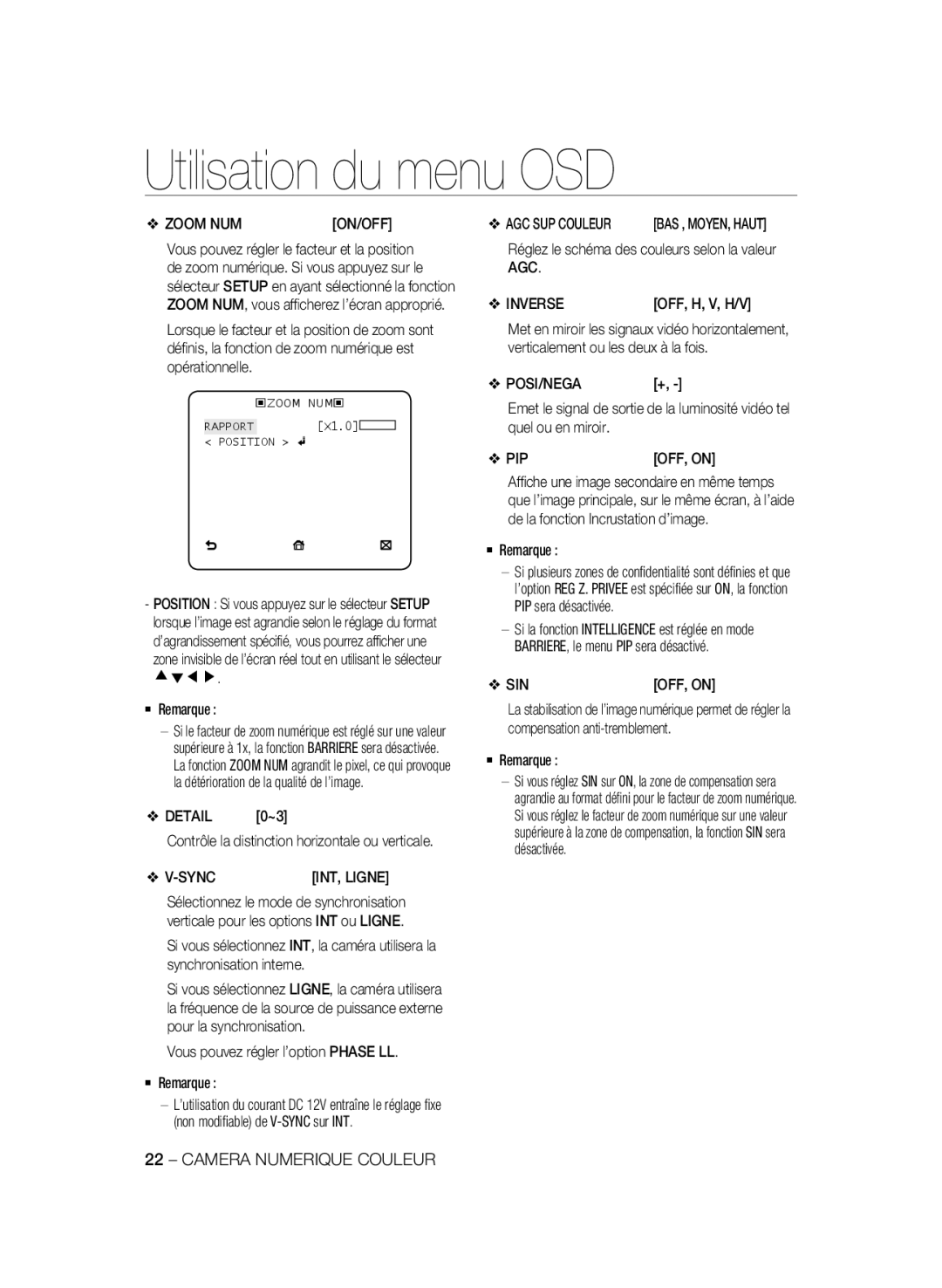 Samsung SCC-B2335P, SCC-B2035P Zoom NUM, Vous pouvez régler l’option Phase LL  Remarque, AGC Inverse, Off, H, V, H/V, Sin 