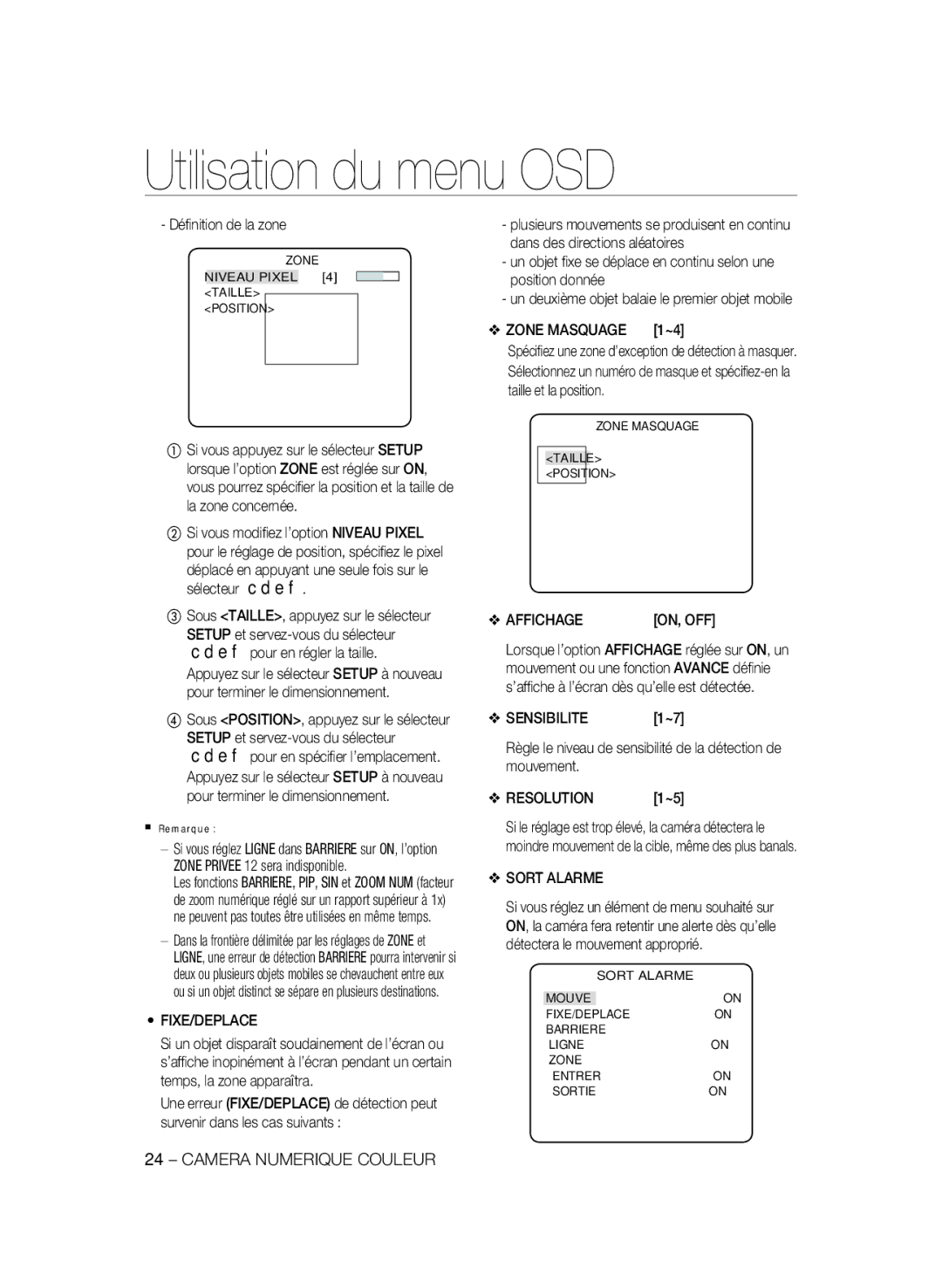 Samsung SCC-B2335P, SCC-B2035P manual Fixe/Deplace, Zone Masquage 1~4, Affichage, Sensibilite, Sort Alarme 