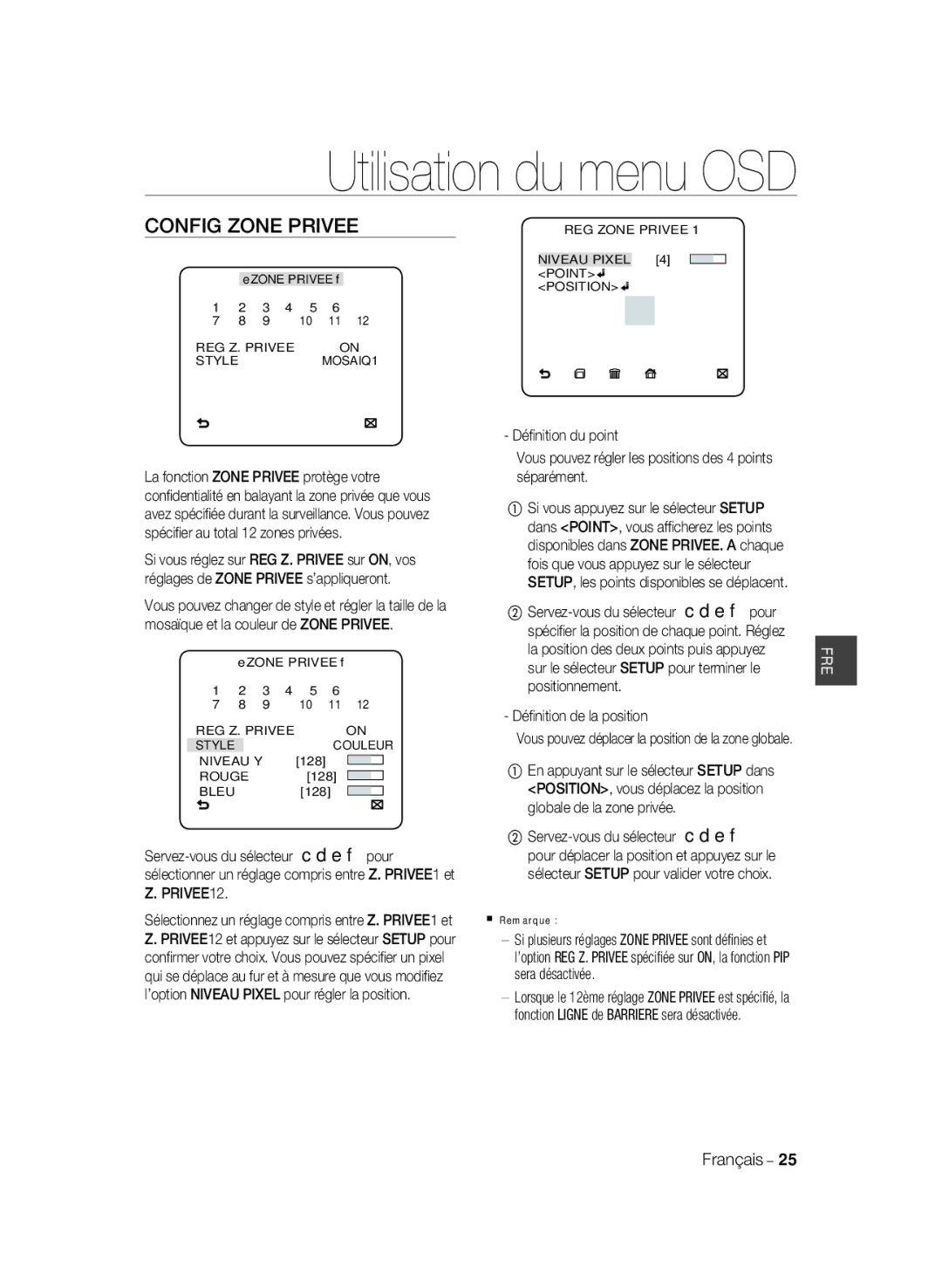 Samsung SCC-B2035P, SCC-B2335P manual Config Zone Privee, Déﬁnition de la position 