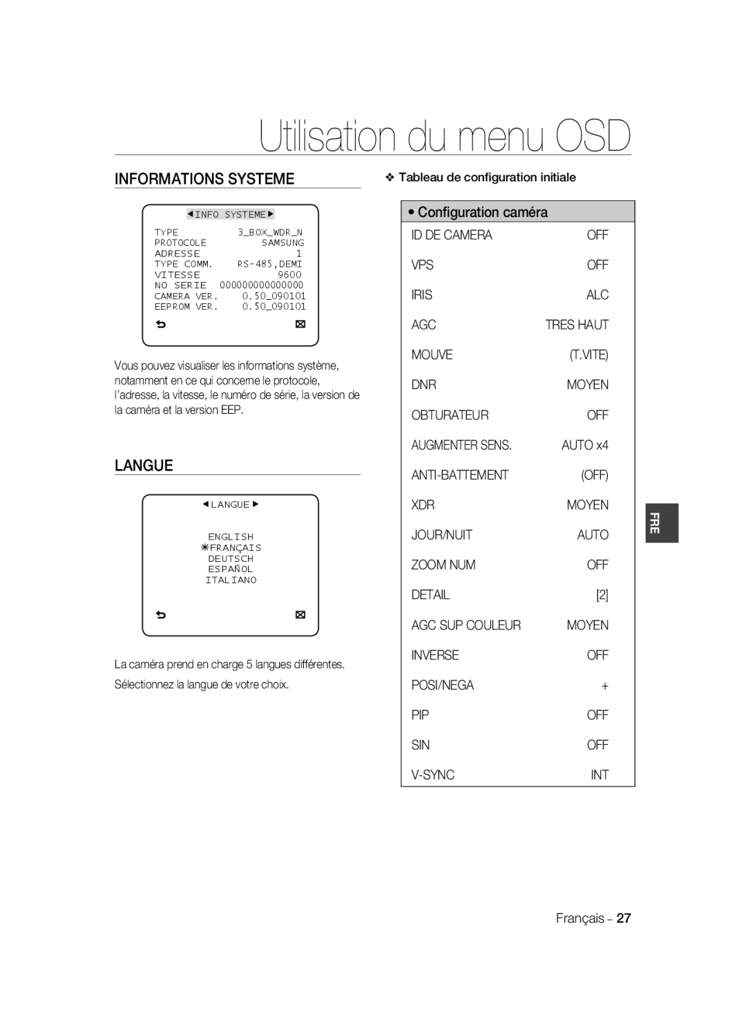 Samsung SCC-B2035P manual Informations Systeme, Langue, Tableau de conﬁguration initiale, ID DE Camera OFF VPS Iris ALC AGC 