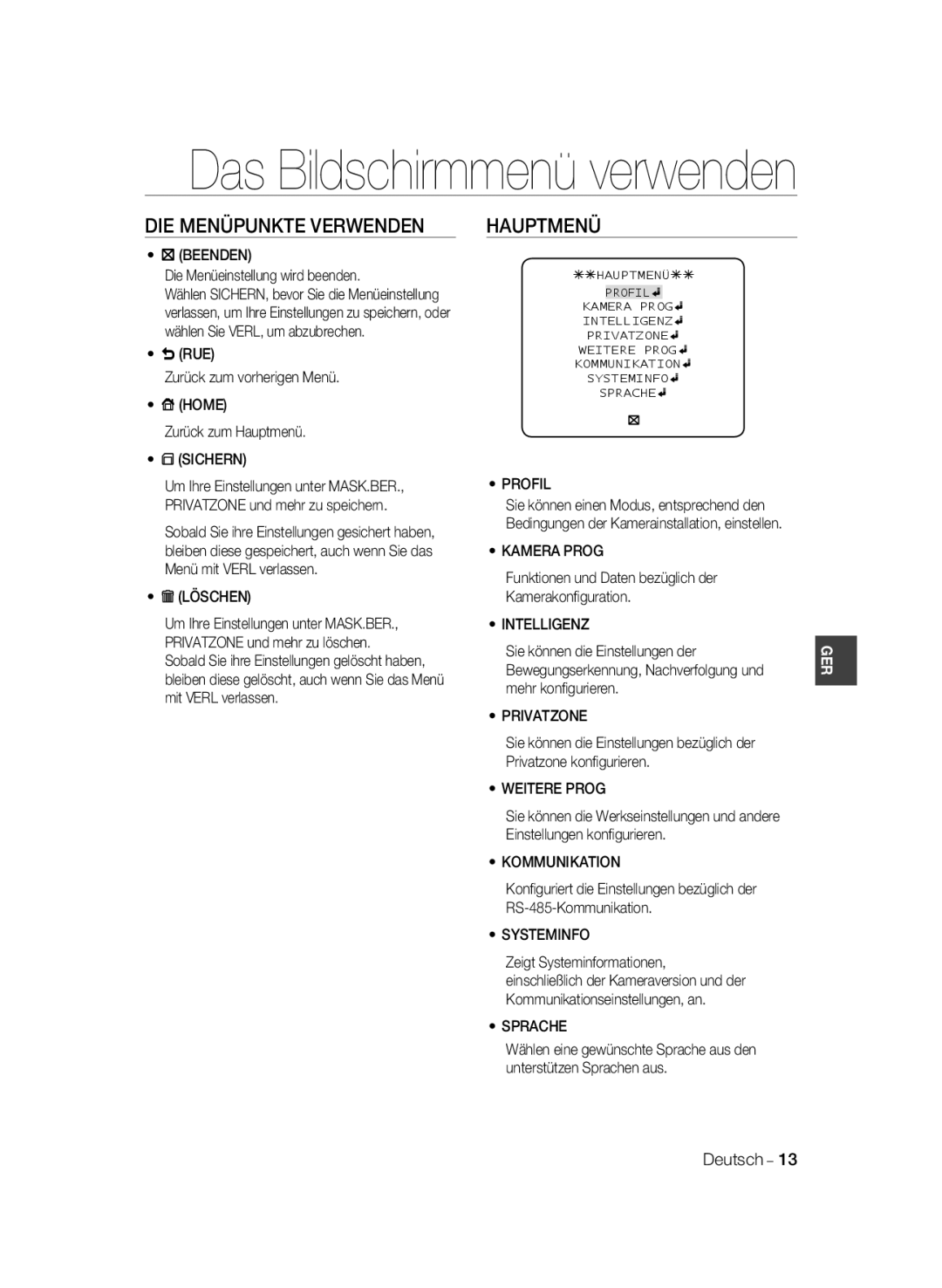 Samsung SCC-B2035P, SCC-B2335P manual DIE Menüpunkte Verwenden, Hauptmenü 