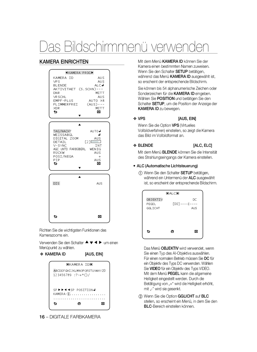 Samsung SCC-B2335P, SCC-B2035P manual Kamera Einrichten, Blende, ALC Automatische Lichtsteuerung, Kamera ID AUS, EIN 