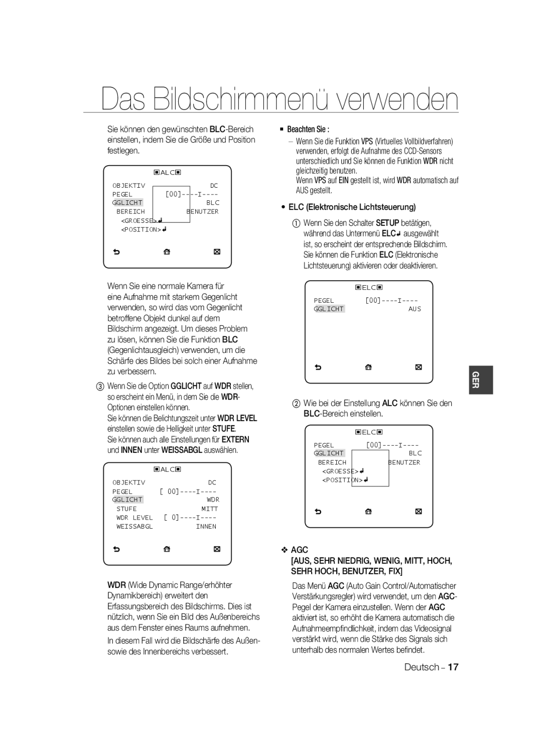 Samsung SCC-B2035P, SCC-B2335P manual Objektiv Pegel Gglicht BLC Bereich Benutzer 