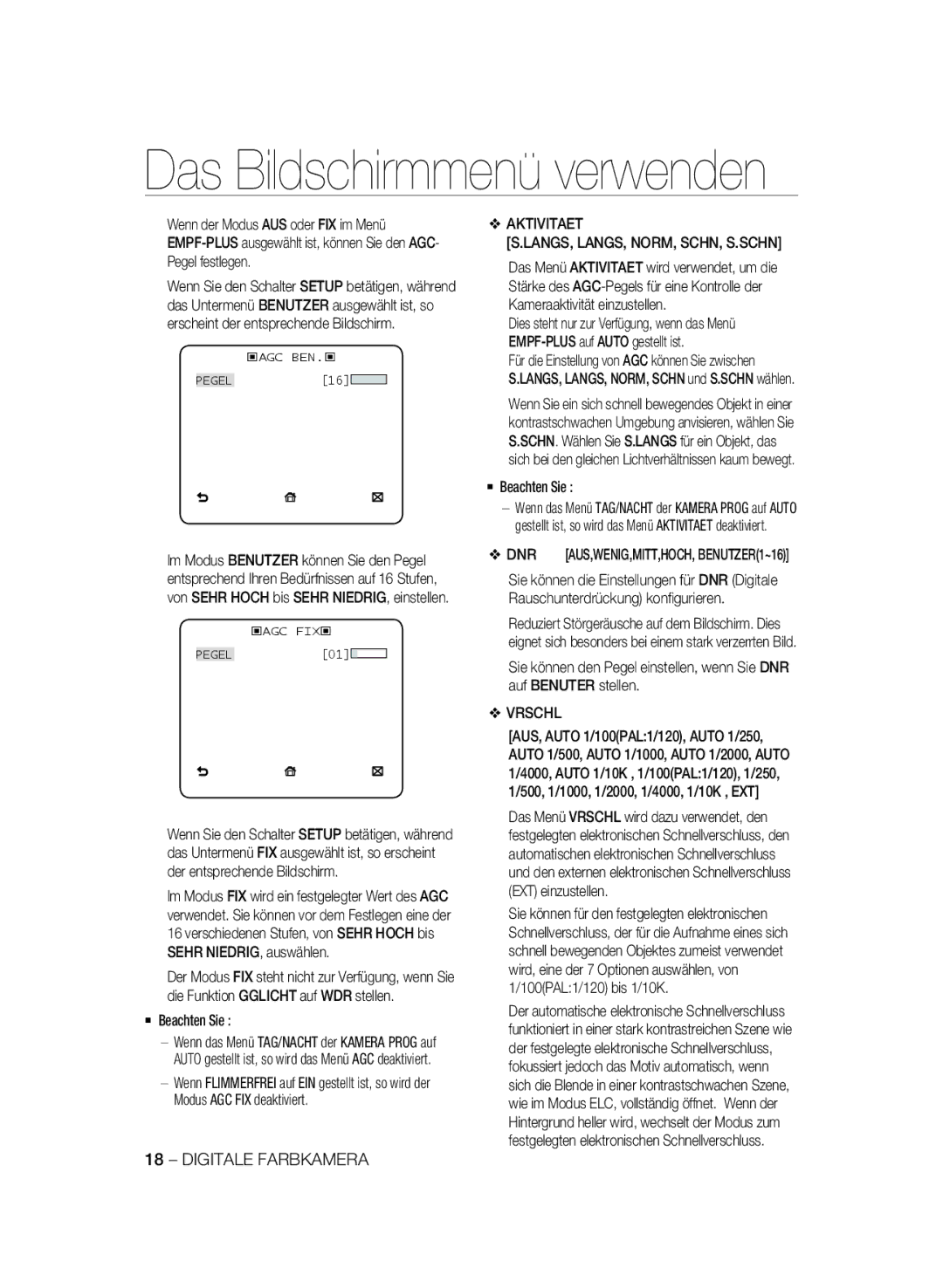 Samsung SCC-B2335P, SCC-B2035P Aktivitaet LANGS, LANGS, NORM, SCHN, S.SCHN, Vrschl, DNR AUS,WENIG,MITT,HOCH, BENUTZER1~16 