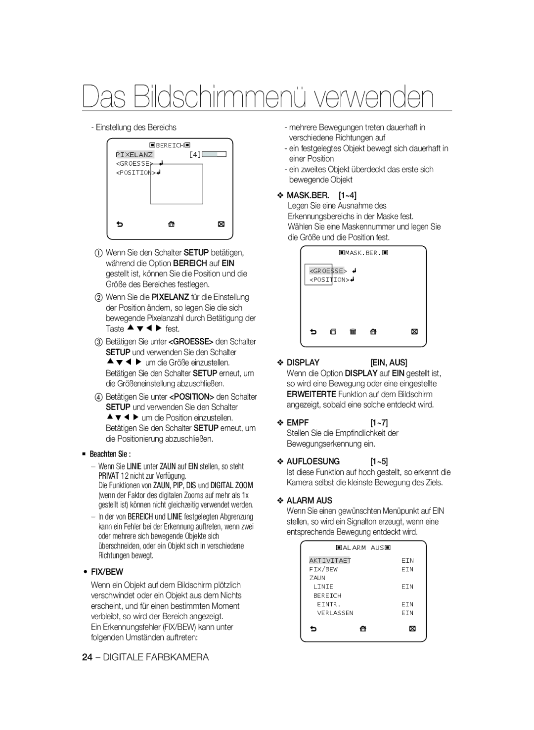 Samsung SCC-B2335P, SCC-B2035P manual Fix/Bew, Displayein, Aus, Empf, Aufloesung, Alarm AUS 