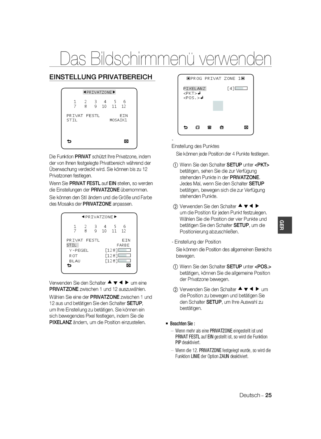 Samsung SCC-B2035P, SCC-B2335P manual Einstellung Privatbereich, Einstellung des Punktes 