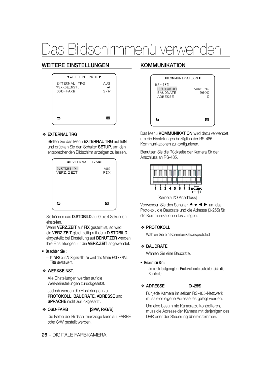 Samsung SCC-B2335P, SCC-B2035P manual Weitere Einstellungen Kommunikation, Werkseinst, Osd-Farb, Protokoll, Baudrate 