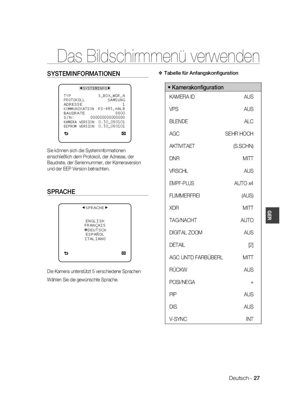 Samsung SCC-B2035P, SCC-B2335P manual Systeminformationen, Sprache 