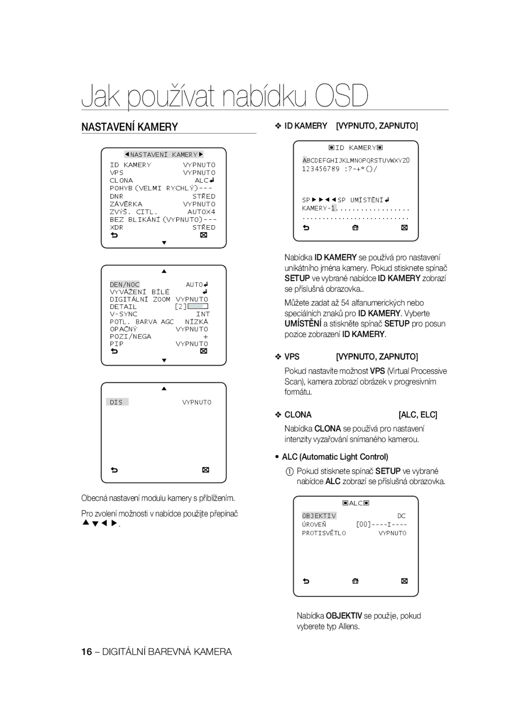 Samsung SCC-B2335P, SCC-B2035P manual Nastavení Kamery, ID Kamery VYPNUTO, Zapnuto, Clona, ALC Automatic Light Control 