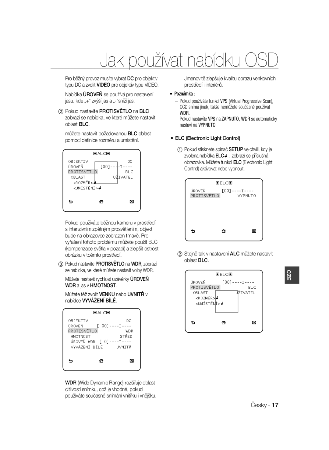 Samsung SCC-B2035P, SCC-B2335P manual ② Stejně tak v nastavení ALC můžete nastavit oblast BLC, Protisvětlo Vypnuto 