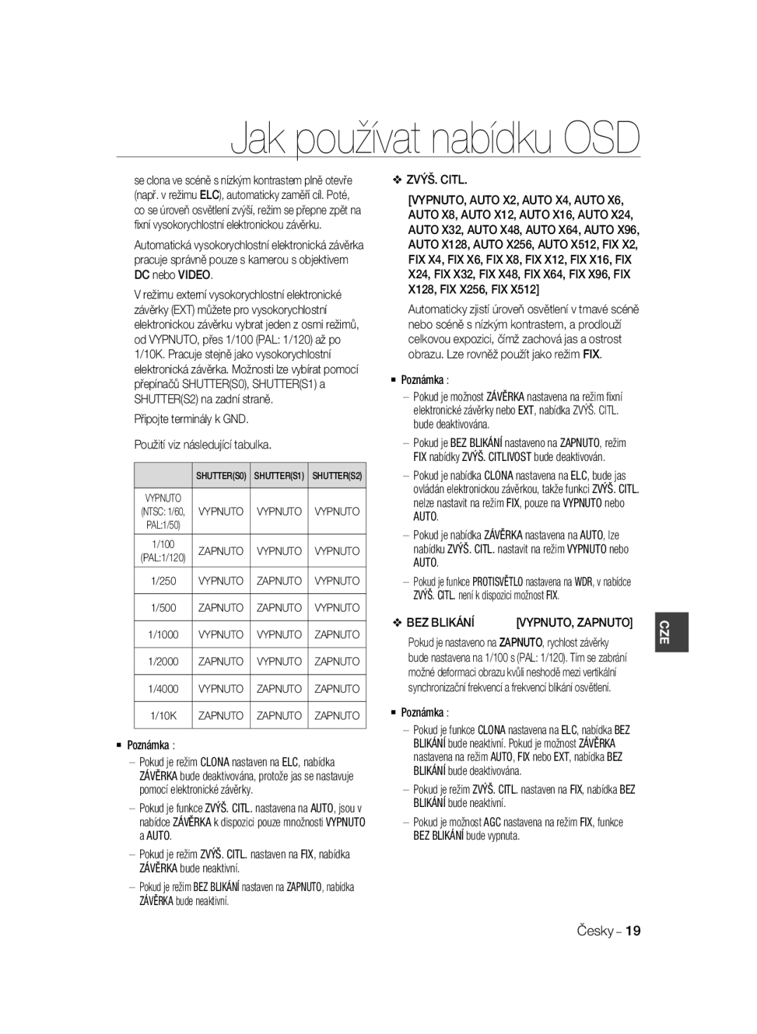 Samsung SCC-B2035P, SCC-B2335P manual Připojte terminály k GND Použití viz následující tabulka, ZVÝŠ. Citl, BEZ Blikání 