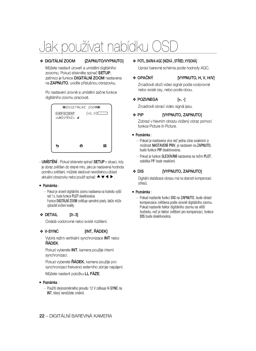 Samsung SCC-B2335P, SCC-B2035P manual Digitální Zoom, Řádek, Opačnývypnuto, H, V, H/V 