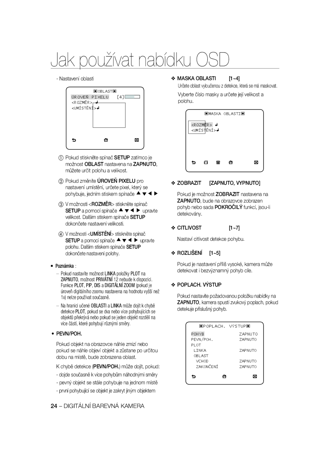 Samsung SCC-B2335P, SCC-B2035P manual Pevn/Poh, Zobrazit ZAPNUTO, Vypnuto, Citlivost, Rozlišení 1~5, POPLACH. Výstup 