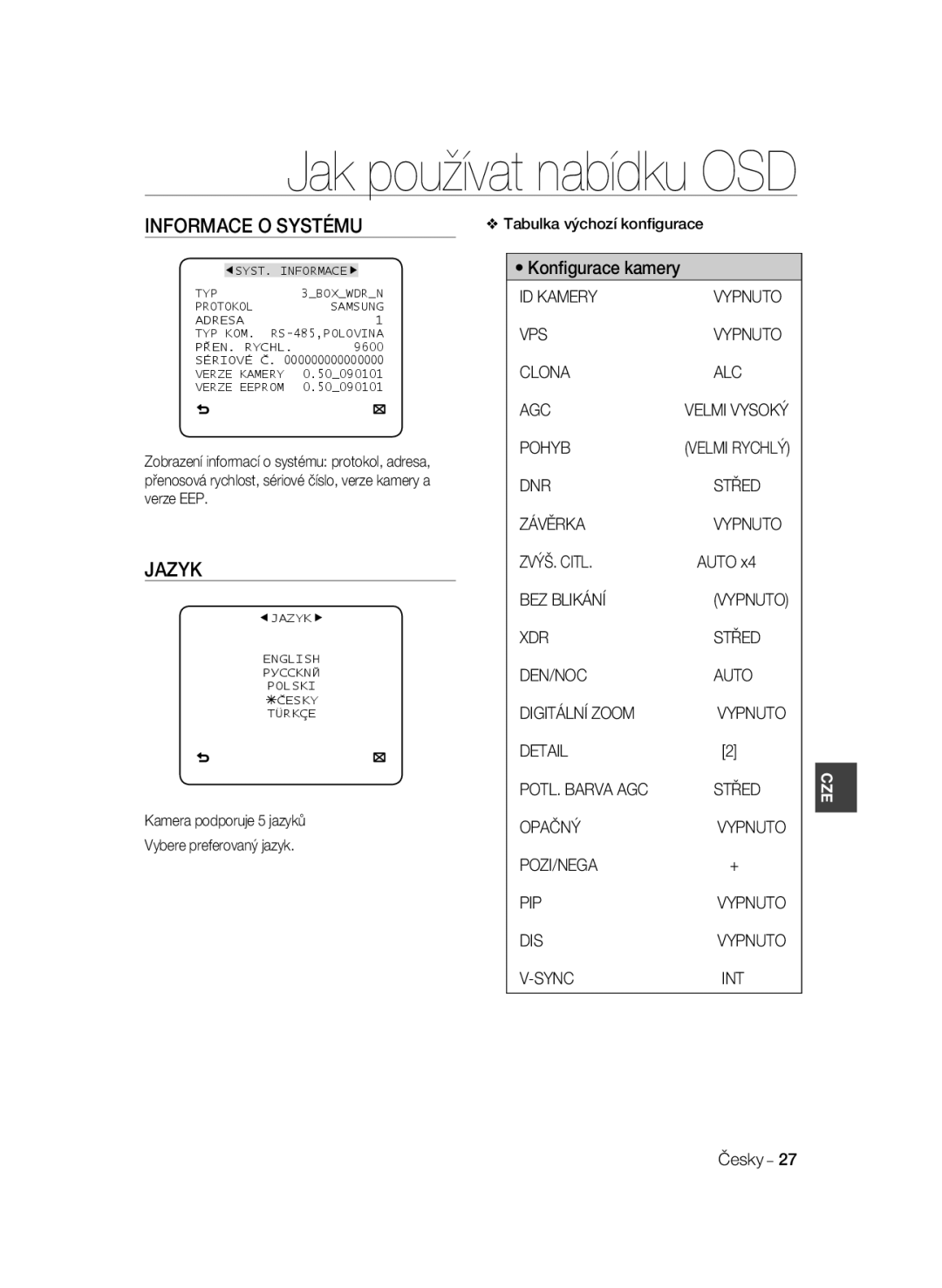 Samsung SCC-B2035P, SCC-B2335P manual Informace O Systému, Jazyk 