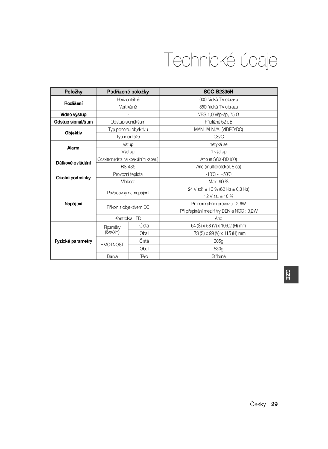 Samsung SCC-B2035P, SCC-B2335P manual Technické údaje, VBS 1,0 Všp-šp 