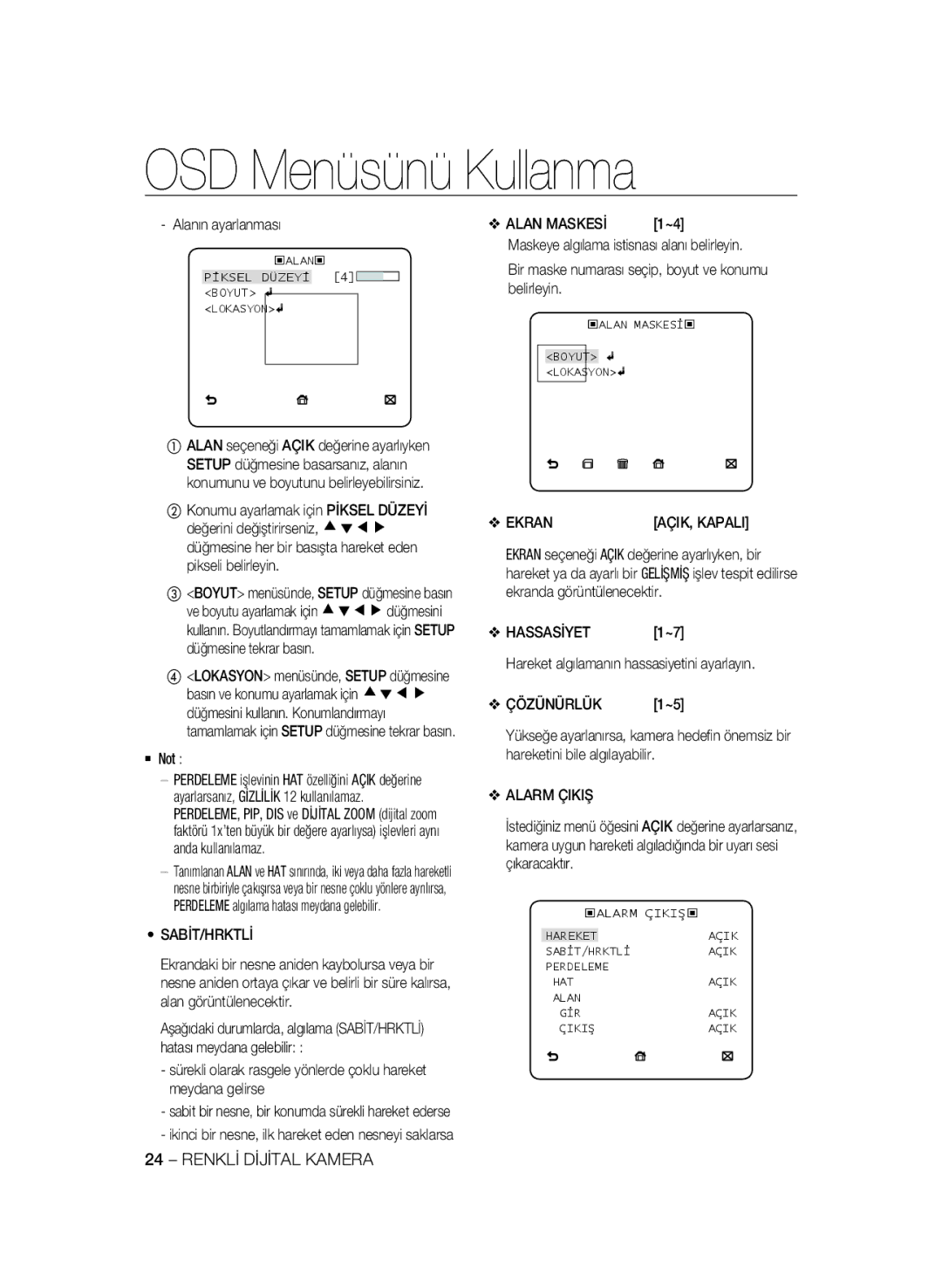 Samsung SCC-B2335P, SCC-B2035P manual Sabit/Hrktli, Ekran, Hassasİyet, Çözünürlük, Alarm Çikiş 