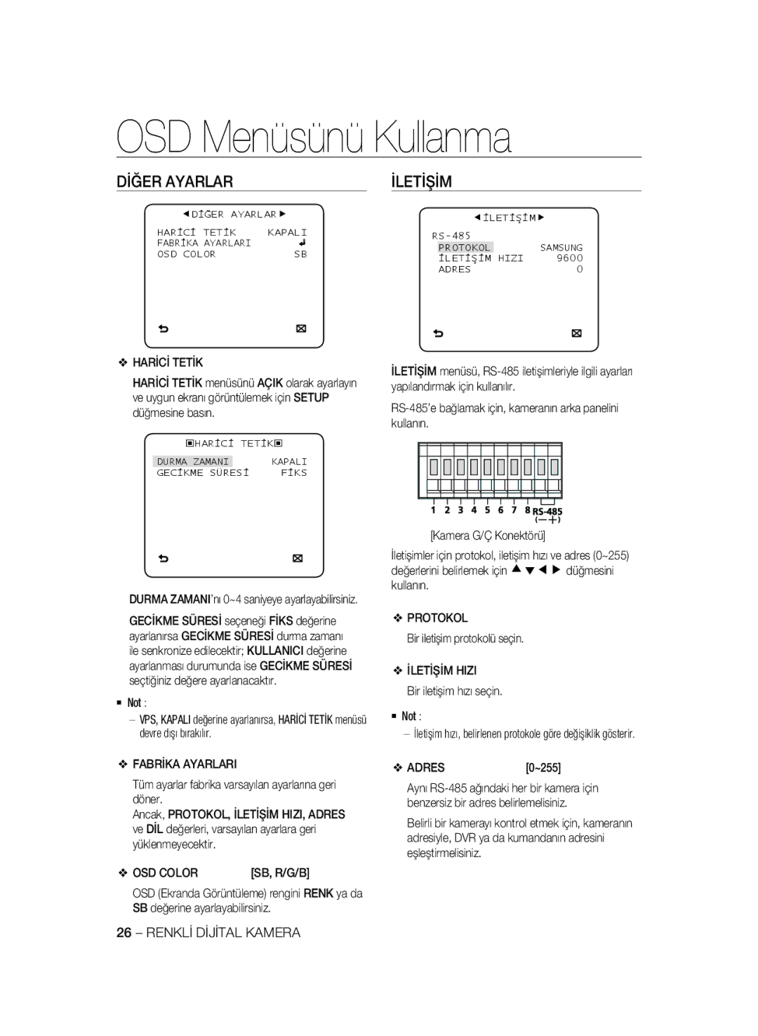 Samsung SCC-B2335P, SCC-B2035P manual Dİğer Ayarlar, Harİcİ Tetİk, Fabrİka Ayarlari, İletİşİm Hizi 