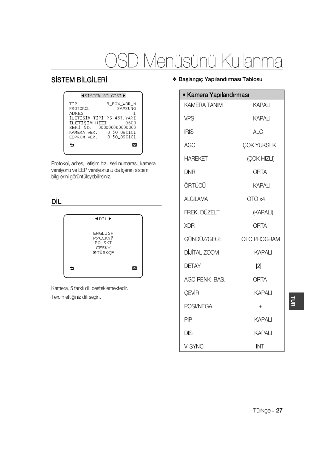 Samsung SCC-B2035P, SCC-B2335P manual Sİstem Bİlgİlerİ, Dil 