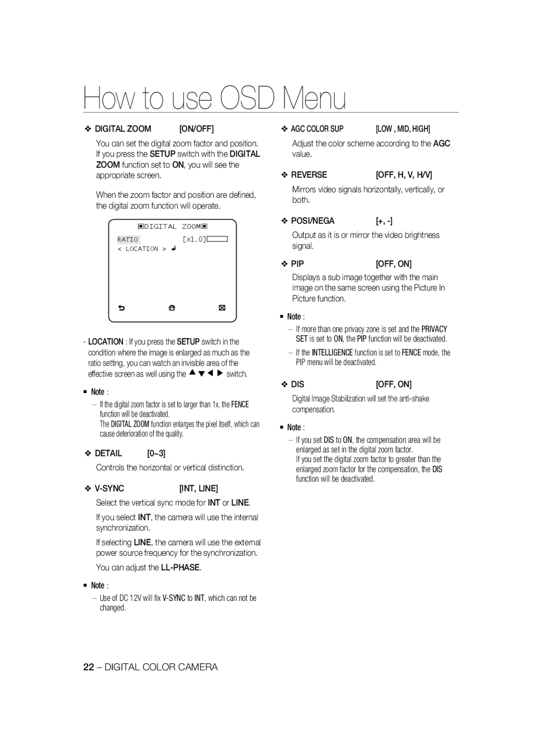 Samsung SCC-B2335P, SCC-B2035P manual Digital Zoom, AGC Color SUP, Reverse, Posi/Nega 