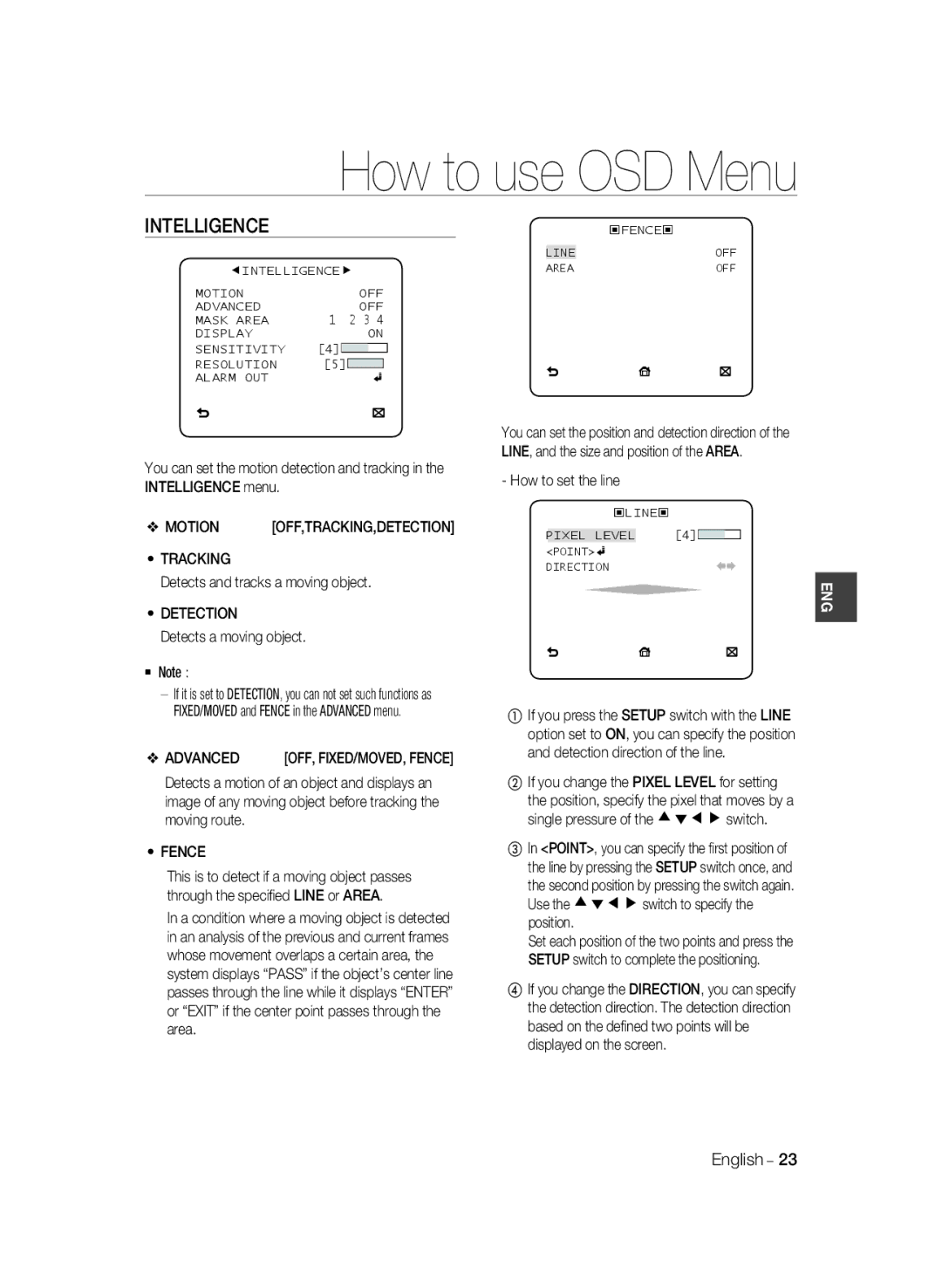 Samsung SCC-B2035P, SCC-B2335P manual Intelligence, Tracking, Detection, Advanced, Fence 