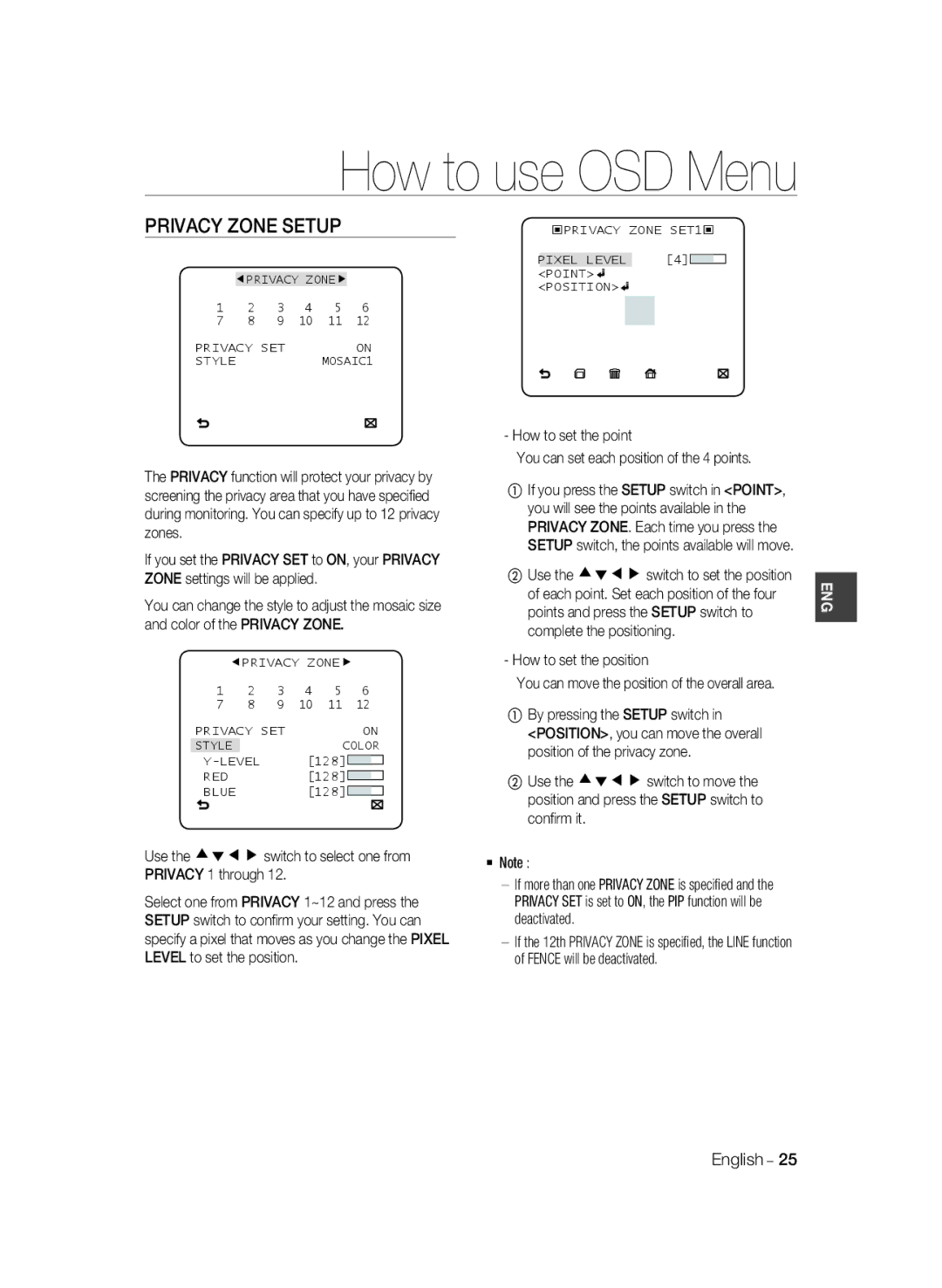 Samsung SCC-B2035P Privacy Zone Setup, Use the cdef switch to select one from Privacy 1 through, How to set the point 