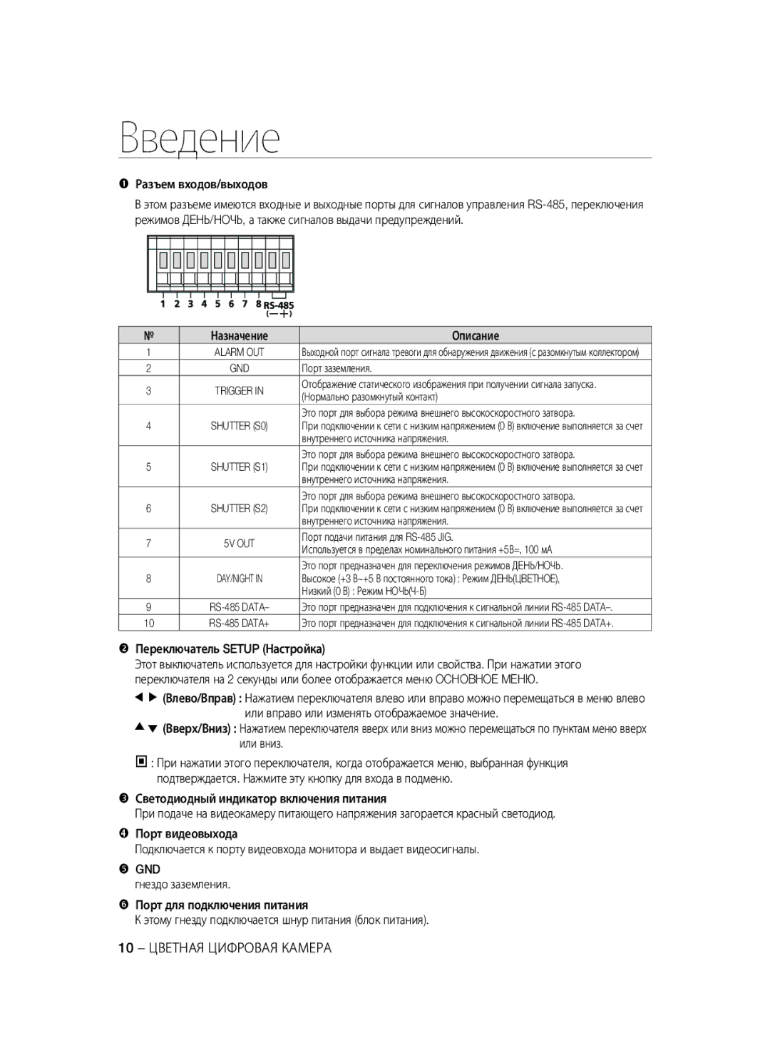 Samsung SCC-B2335P Разъем входов/выходов, Назначение Описание, Переключатель Setup Настройка, 10 Цветная Цифровая Камера 