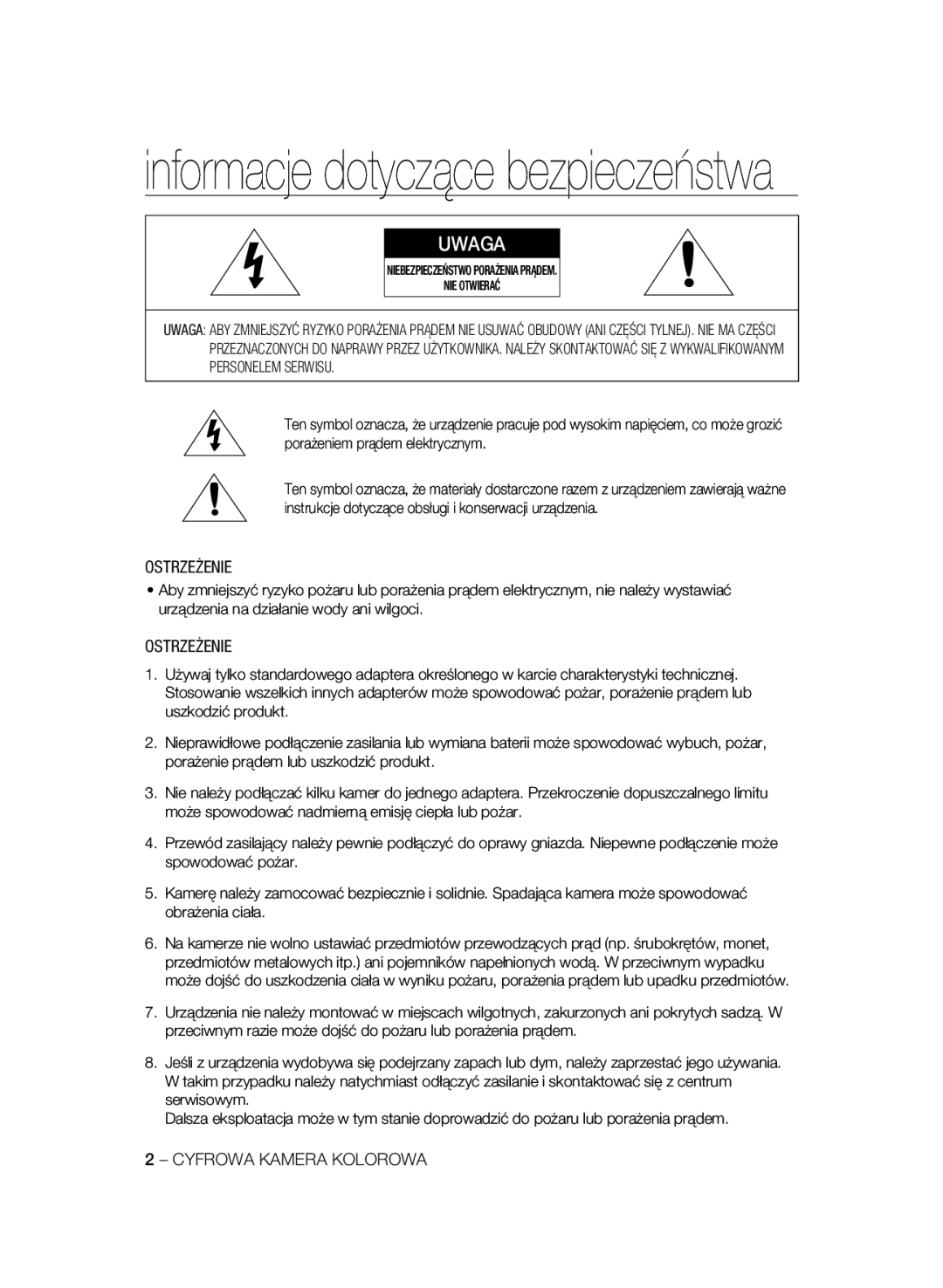 Samsung SCC-B2335P, SCC-B2035P manual Ostrzeżenie, Cyfrowa Kamera Kolorowa, Niebezpieczeństwo Porażenia Prądem NIE Otwierać 