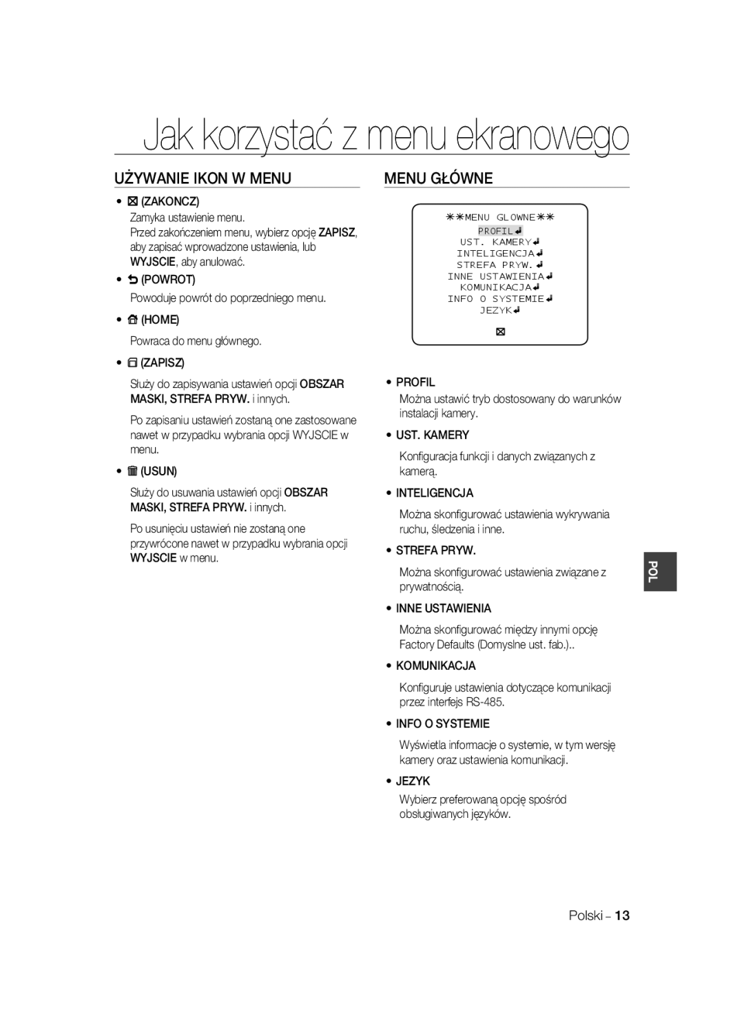 Samsung SCC-B2035P, SCC-B2335P manual Używanie Ikon W Menu, Menu Główne 